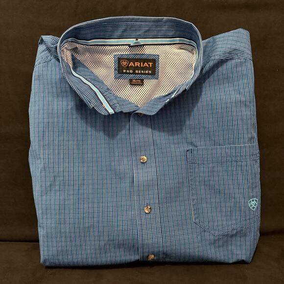 Ariat Pro Mens 2XL Shirt Blue Check Long Sleeve Western Rodeo Cowboy Ranch XXL - Picture 6 of 8